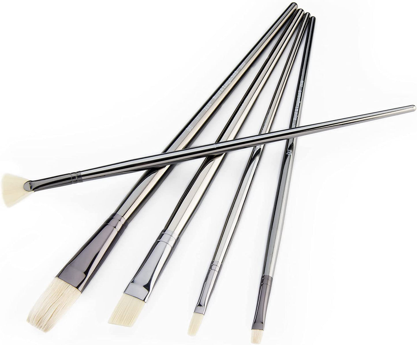 Royal & Langnickel - ZEN 33 Series Set of 5 Brushes, Long Handle, Synthetic White Bristle, Flat 12, Bright 1, Fan 4, Angular 8, Filbert 2