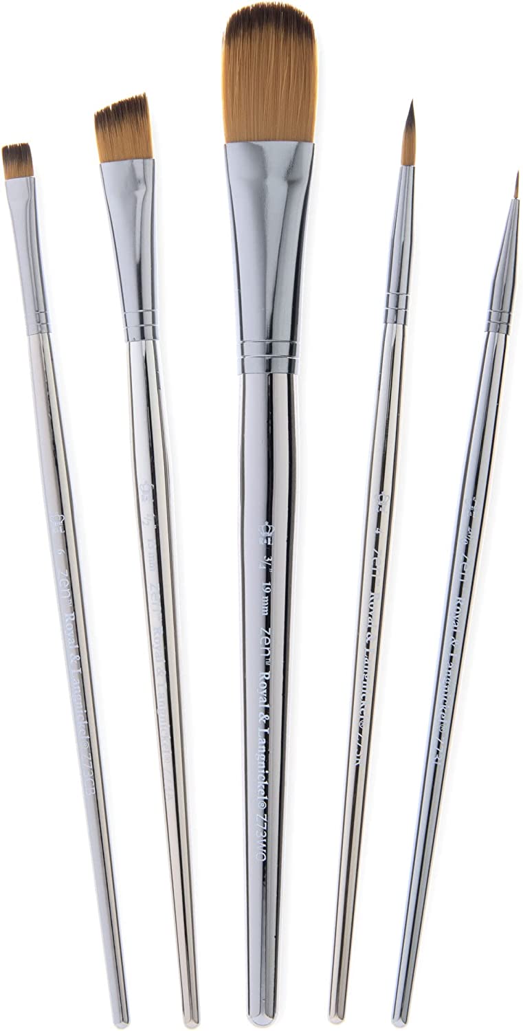 Royal & Langnickel - ZEN 73 Series Set of 5 Brushes, Standard Handle, Synthetic Filament, Oval Wash 3/4, Angular 1/2, Round 4, Chisel Blender 6, Liner 20/0,