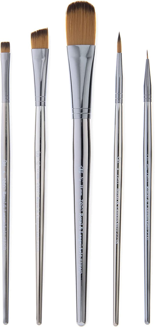 Royal & Langnickel - ZEN 73 Series Set of 5 Brushes, Standard Handle, Synthetic Filament, Oval Wash 3/4, Angular 1/2, Round 4, Chisel Blender 6, Liner 20/0,